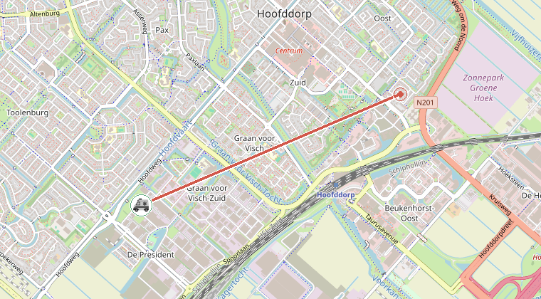 Kaart van de omgeving van de melding, met de kazerne die is gealarmeerd