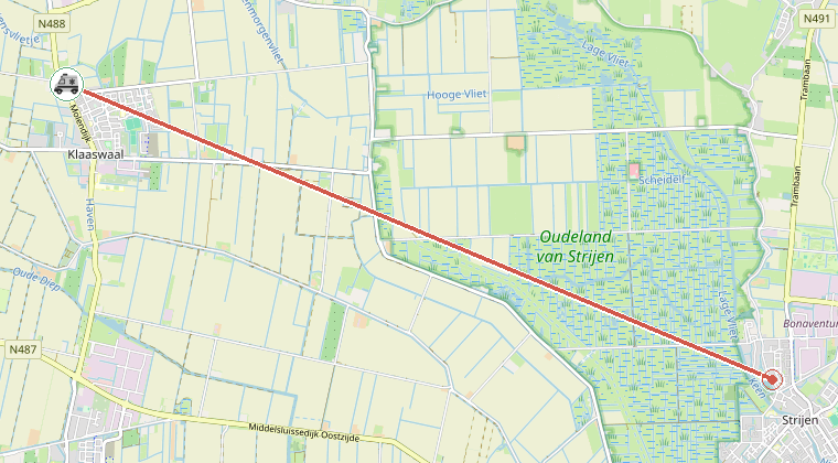 Kaart van de omgeving van de melding, met de kazerne die is gealarmeerd