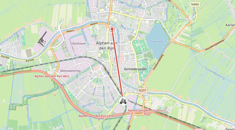 Kaart van de omgeving van de melding, met de kazerne die is gealarmeerd
