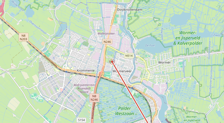 Kaart van de omgeving van de melding, met de kazerne die is gealarmeerd