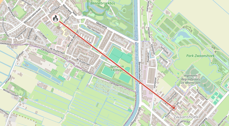 Kaart van de omgeving van de melding, met de kazerne die is gealarmeerd
