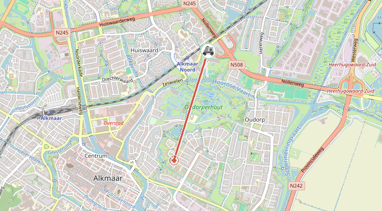Kaart van de omgeving van de melding, met de kazerne die is gealarmeerd