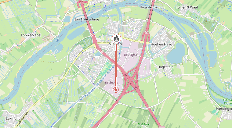 Kaart van de omgeving van de melding, met de kazerne die is gealarmeerd