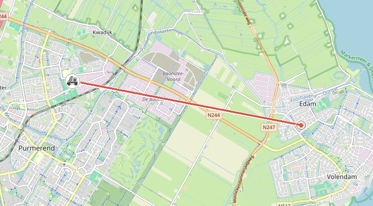 Kaart van de omgeving van de melding, met de kazerne die is gealarmeerd