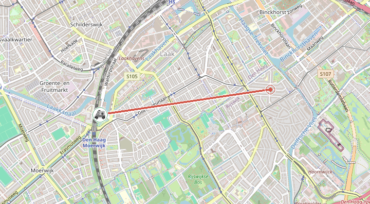 Kaart van de omgeving van de melding, met de kazerne die is gealarmeerd