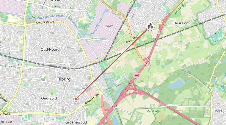 Kaart van de omgeving van de melding, met de kazerne die is gealarmeerd