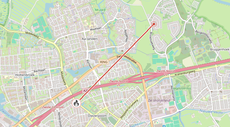 Kaart van de omgeving van de melding, met de kazerne die is gealarmeerd