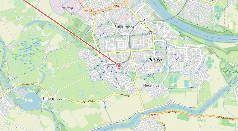 Kaart van de omgeving van de melding, met de kazerne die is gealarmeerd