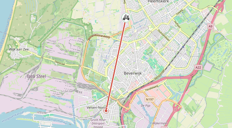 Kaart van de omgeving van de melding, met de kazerne die is gealarmeerd