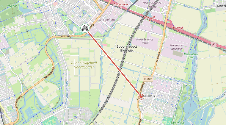 Kaart van de omgeving van de melding, met de kazerne die is gealarmeerd