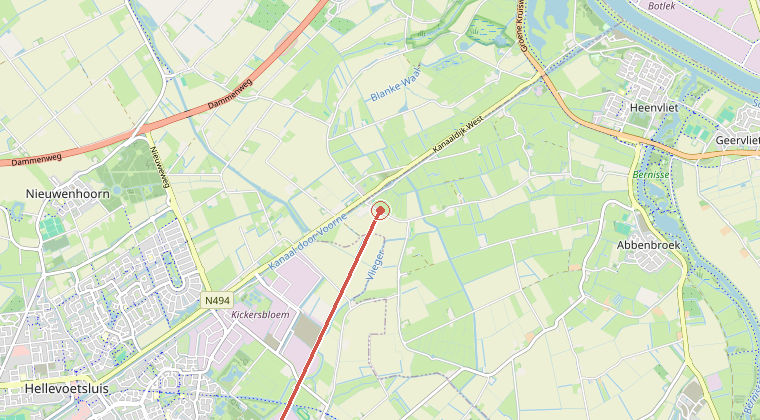 Kaart van de omgeving van de melding, met de kazerne die is gealarmeerd