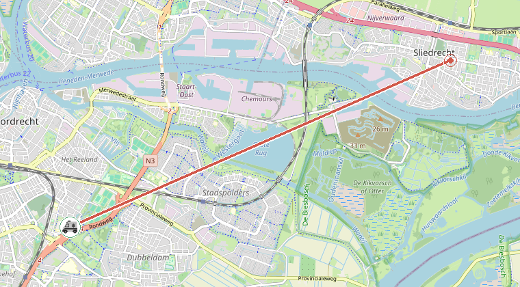 Kaart van de omgeving van de melding, met de kazerne die is gealarmeerd