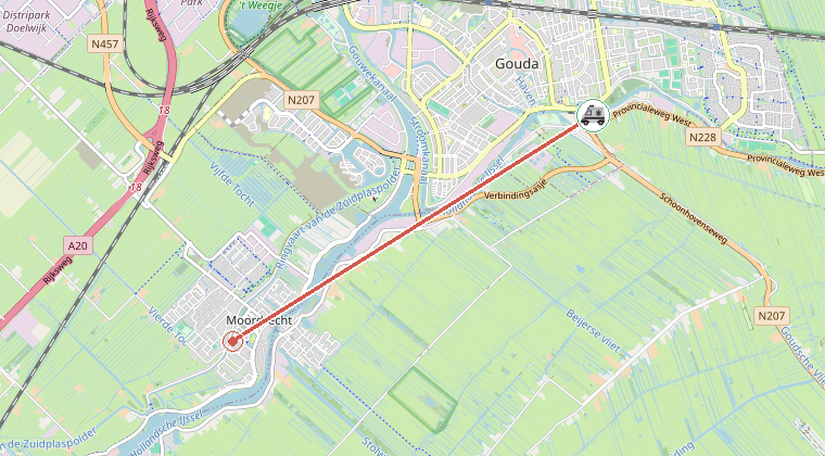 Kaart van de omgeving van de melding, met de kazerne die is gealarmeerd