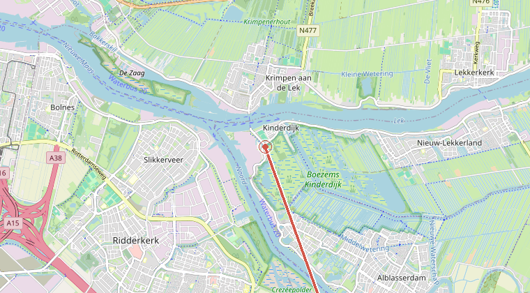 Kaart van de omgeving van de melding, met de kazerne die is gealarmeerd