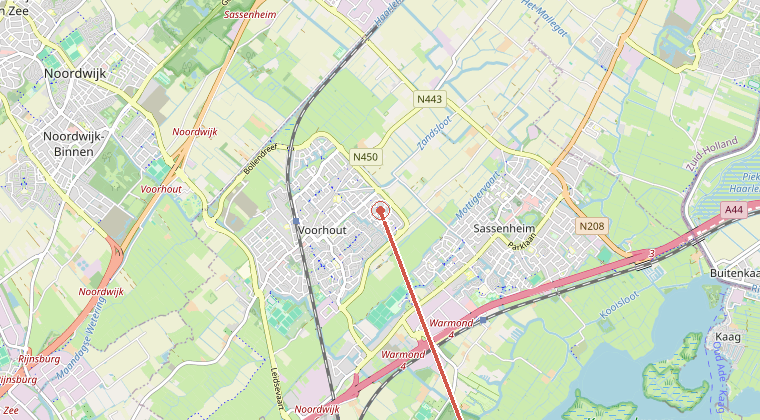 Kaart van de omgeving van de melding, met de kazerne die is gealarmeerd