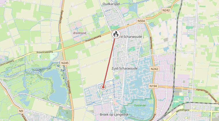 Kaart van de omgeving van de melding, met de kazerne die is gealarmeerd