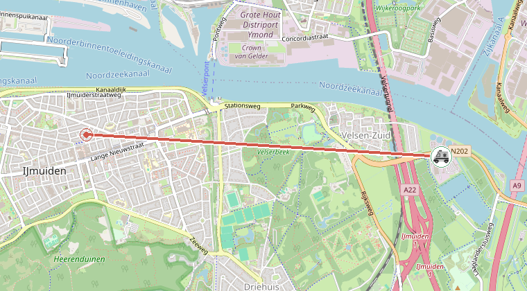 Kaart van de omgeving van de melding, met de kazerne die is gealarmeerd