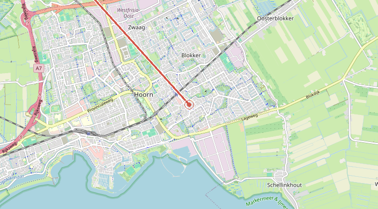 Kaart van de omgeving van de melding, met de kazerne die is gealarmeerd
