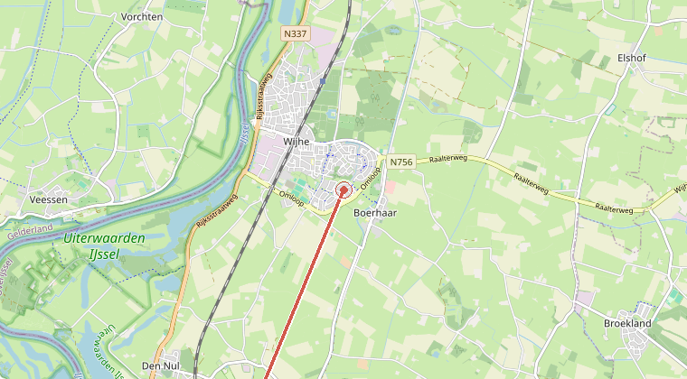 Kaart van de omgeving van de melding, met de kazerne die is gealarmeerd