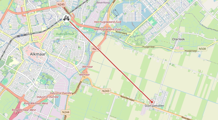 Kaart van de omgeving van de melding, met de kazerne die is gealarmeerd