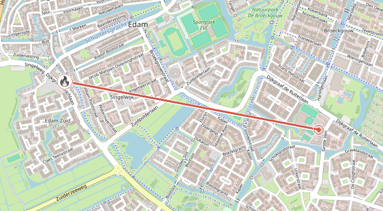 Kaart van de omgeving van de melding, met de kazerne die is gealarmeerd
