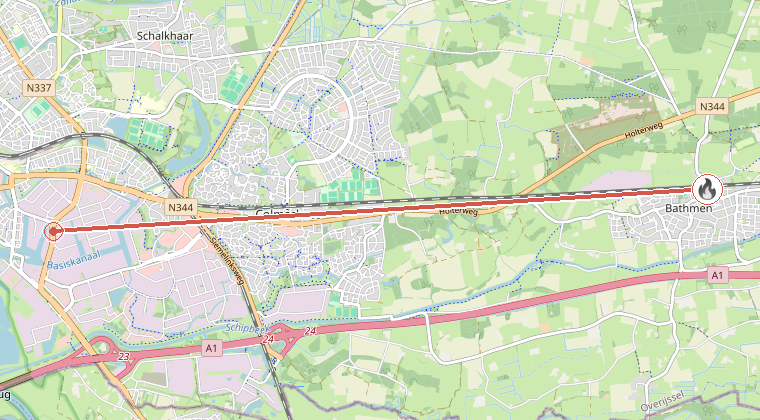 Kaart van de omgeving van de melding, met de kazerne die is gealarmeerd