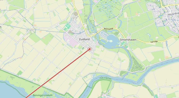 Kaart van de omgeving van de melding, met de kazerne die is gealarmeerd