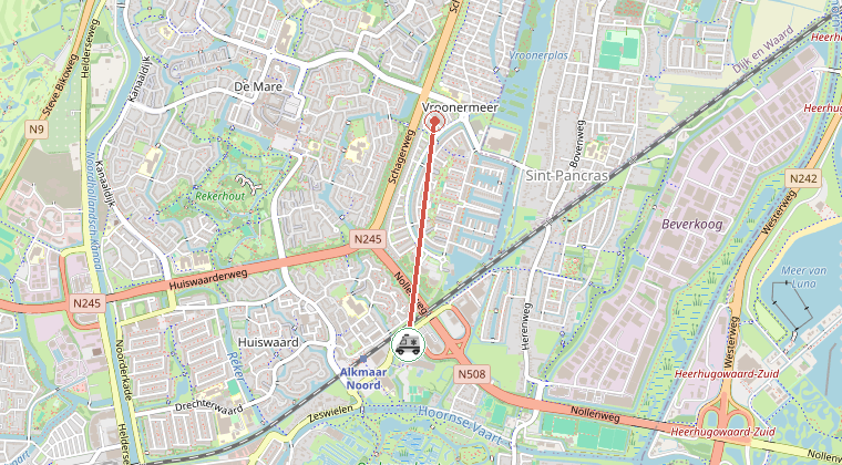 Kaart van de omgeving van de melding, met de kazerne die is gealarmeerd