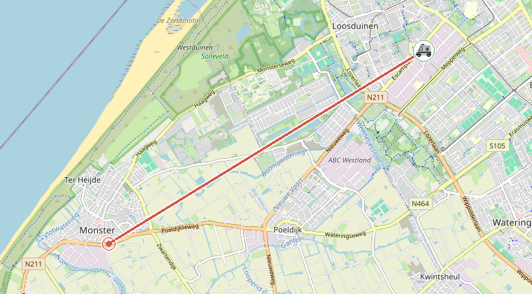 Kaart van de omgeving van de melding, met de kazerne die is gealarmeerd