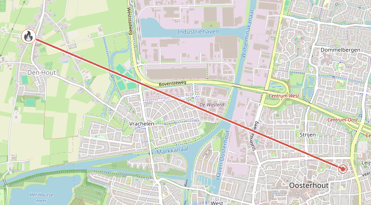 Kaart van de omgeving van de melding, met de kazerne die is gealarmeerd