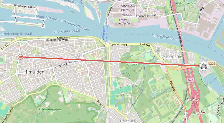 Kaart van de omgeving van de melding, met de kazerne die is gealarmeerd