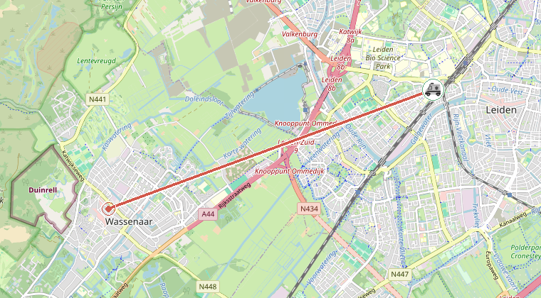 Kaart van de omgeving van de melding, met de kazerne die is gealarmeerd
