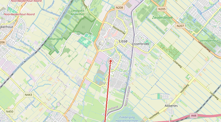 Kaart van de omgeving van de melding, met de kazerne die is gealarmeerd