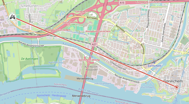 Kaart van de omgeving van de melding, met de kazerne die is gealarmeerd