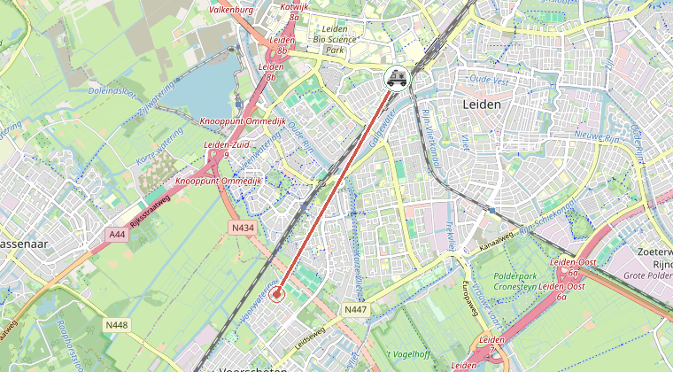 Kaart van de omgeving van de melding, met de kazerne die is gealarmeerd