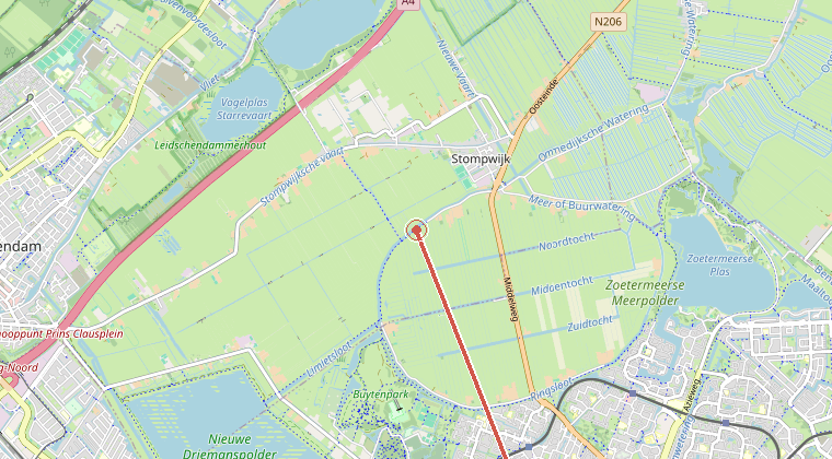 Kaart van de omgeving van de melding, met de kazerne die is gealarmeerd
