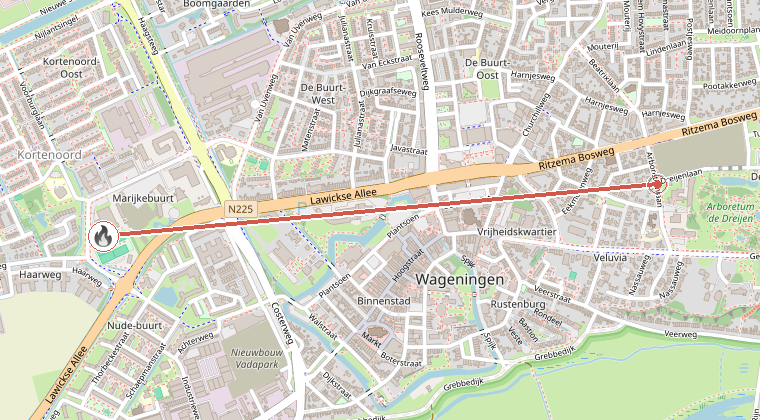 Kaart van de omgeving van de melding, met de kazerne die is gealarmeerd