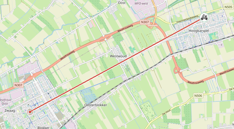 Kaart van de omgeving van de melding, met de kazerne die is gealarmeerd