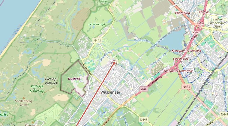 Kaart van de omgeving van de melding, met de kazerne die is gealarmeerd