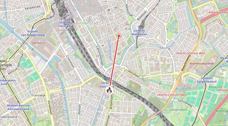 Kaart van de omgeving van de melding, met de kazerne die is gealarmeerd