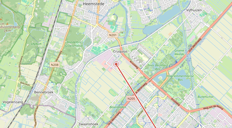 Kaart van de omgeving van de melding, met de kazerne die is gealarmeerd