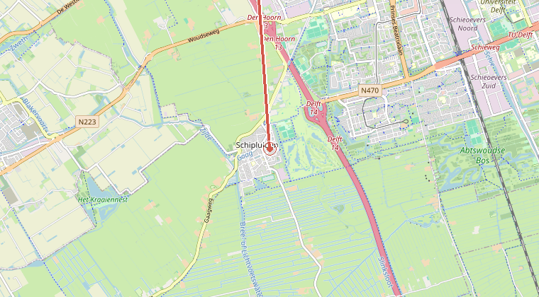 Kaart van de omgeving van de melding, met de kazerne die is gealarmeerd