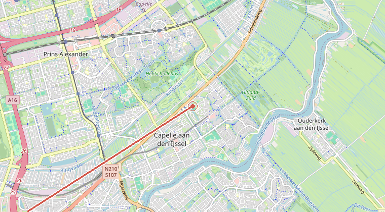 Kaart van de omgeving van de melding, met de kazerne die is gealarmeerd