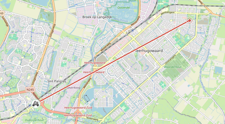 Kaart van de omgeving van de melding, met de kazerne die is gealarmeerd