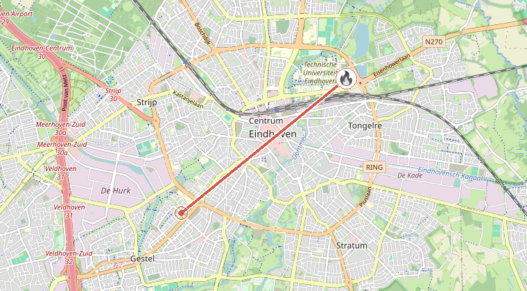 Kaart van de omgeving van de melding, met de kazerne die is gealarmeerd