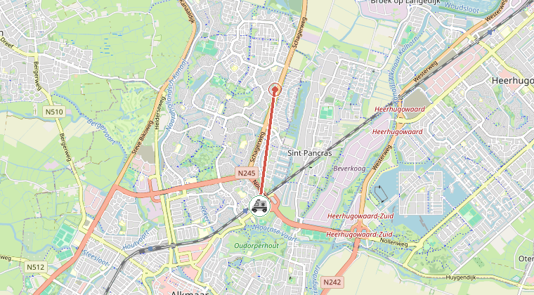 Kaart van de omgeving van de melding, met de kazerne die is gealarmeerd