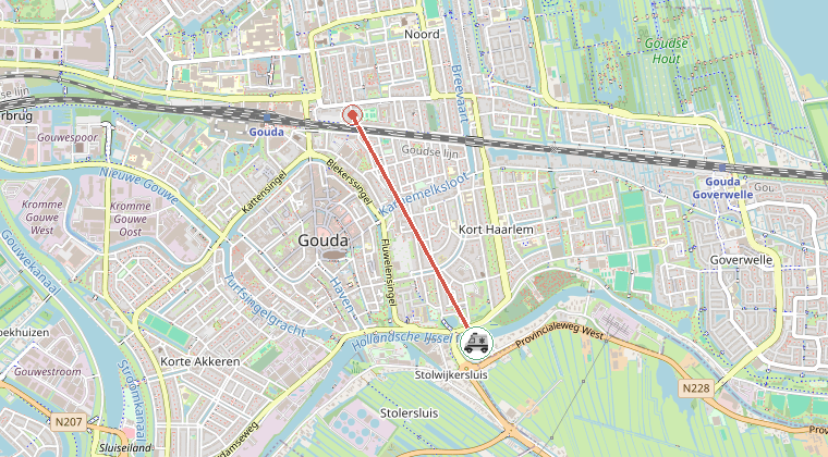 Kaart van de omgeving van de melding, met de kazerne die is gealarmeerd