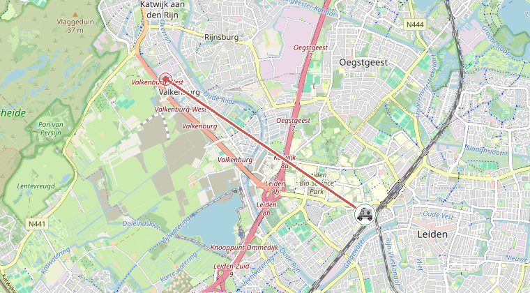 Kaart van de omgeving van de melding, met de kazerne die is gealarmeerd