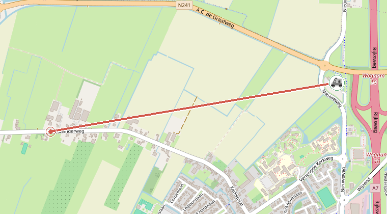 Kaart van de omgeving van de melding, met de kazerne die is gealarmeerd