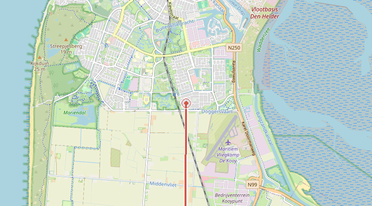 Kaart van de omgeving van de melding, met de kazerne die is gealarmeerd